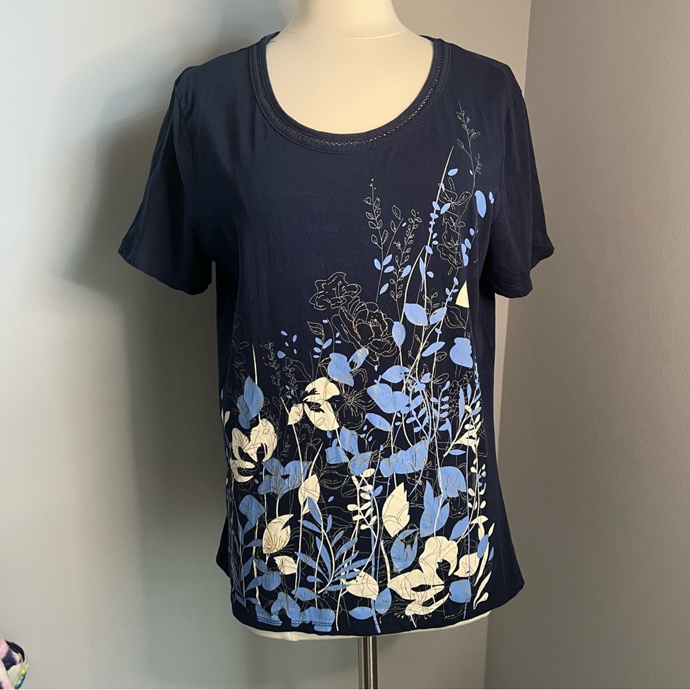 Cappagallo L Navy Blue Floral Short Sleeve Shirt Tee T-Shirt
